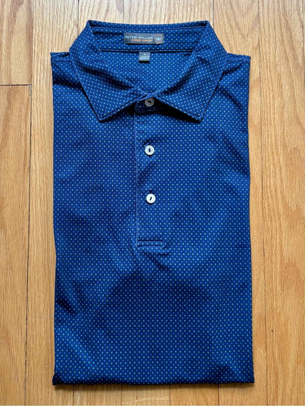 Peter Millar Summer Comfort Men’s Short Sleeve Polo Large Blue Green X Pattern